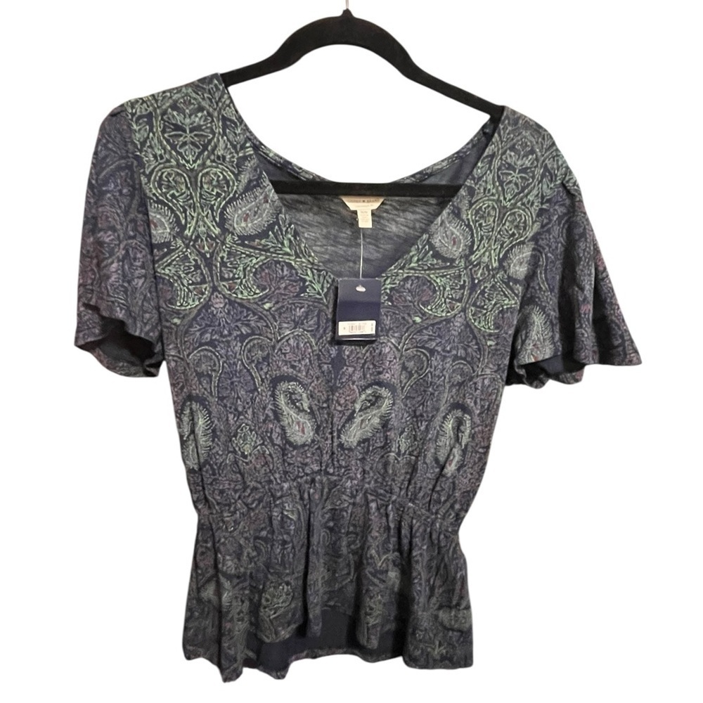 Prarie Boho Paisley Peplum Blouse Navy Blue Short Sleeve Top Size Medium NWT